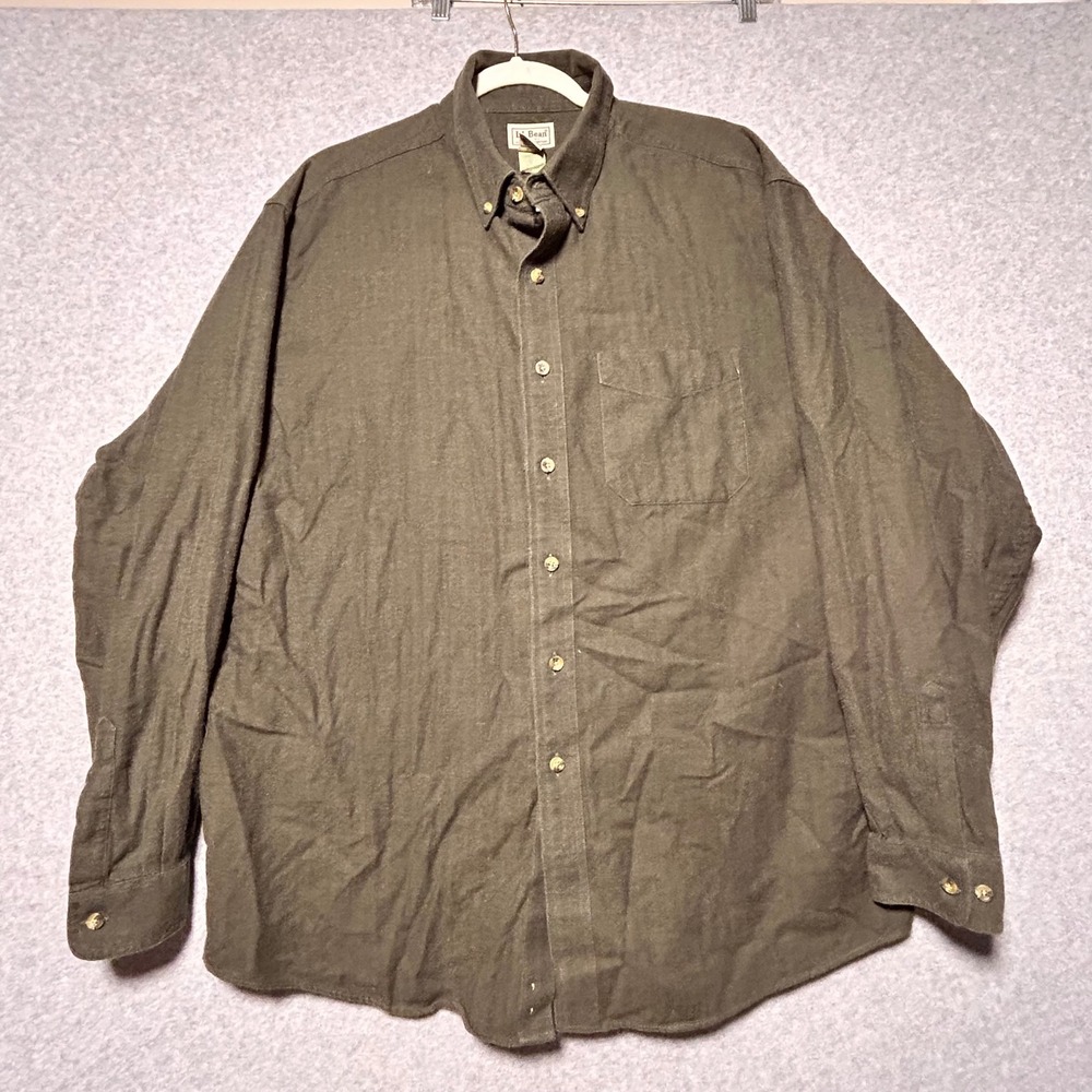 LL Bean Button Down Shirt Mens XL Olive Green Herringbone Cotton Gorpcore